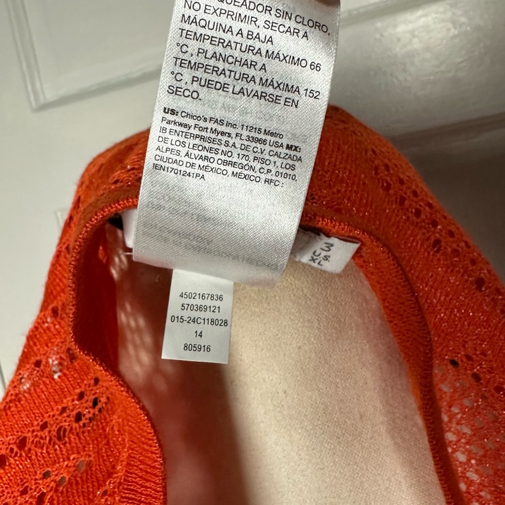 Chico's Orange Pointelle Palms Cardigan Sweater Open Knit Boho Casual XL NWOT - Picture 15 of 17